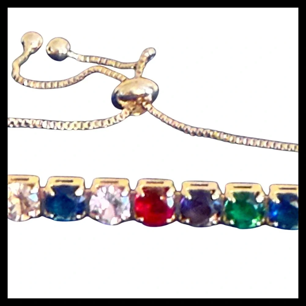 NWOT Adjustable Rainbow Gem Tennis Bracelet Gold Tone Bolo - Picture 2 of 4
